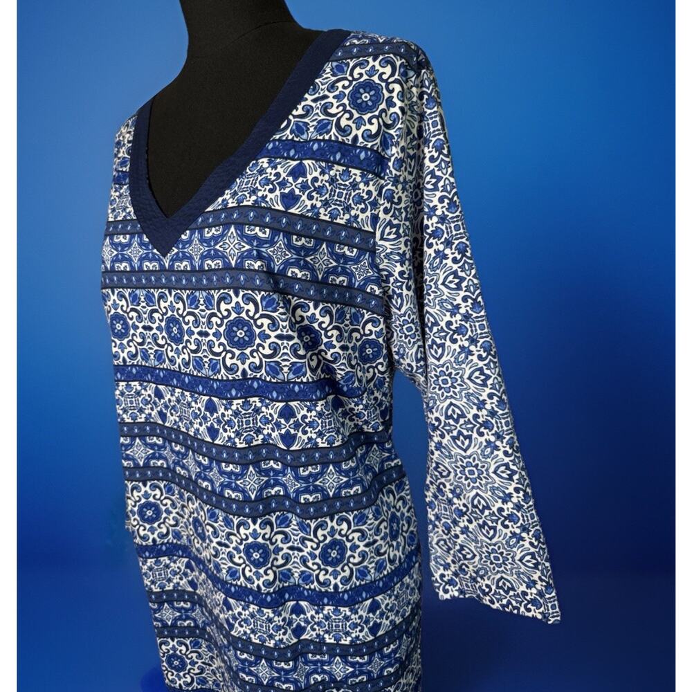 Land End Blue White Long Sleeve Cotton Dress | Cover Up | Beach | Resortwear - Picture 3 of 9